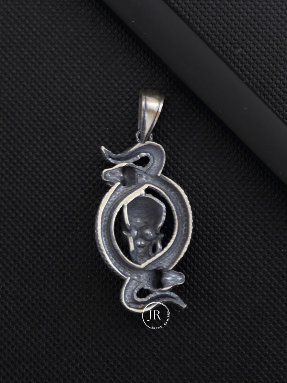 .925 Sterling Silver Skull and Snake Pendant Gothic Oxidized Fine Jewelry - Picture 7 of 9
